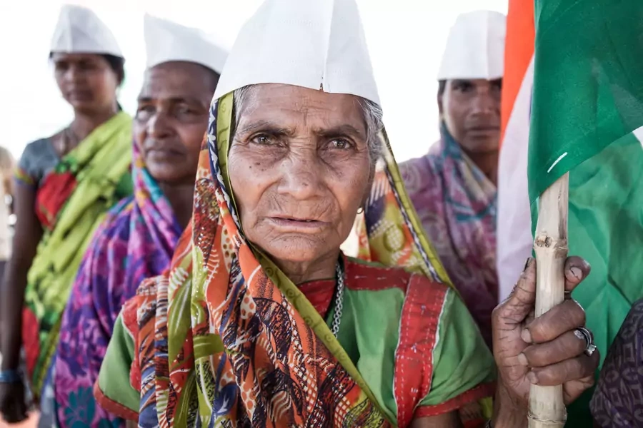 Women from the Indian Dhenga village oppose a land acquisition by companies and the Indian government, saying that the land belongs to them and their children and that it is needed for their social and economic well-being and survival, March 27, 2015.