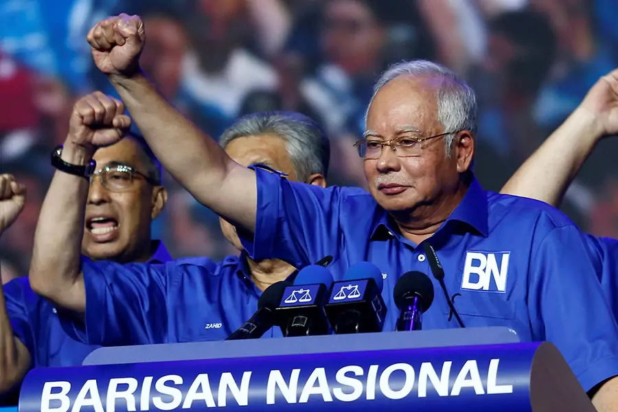 Malaysia's Prime Minister and president of ruling party National Front, Najib Razak gestures as he speaks during the launch of its manifesto for the upcoming general elections in Kuala Lumpur, Malaysia on April 7, 2018.