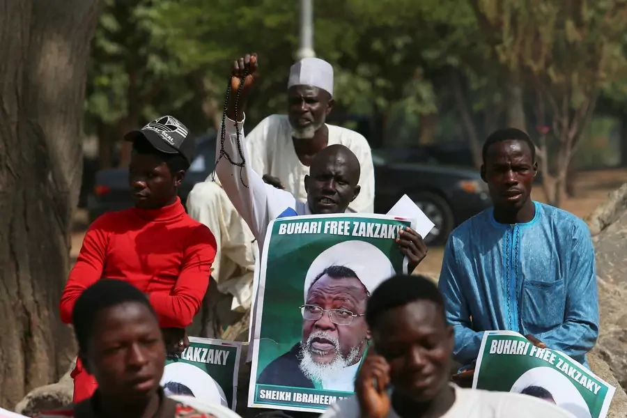 Protesters hold banners calling for the release of Sheikh Ibrahim Zakzaky, the leader of the Islamic Movement of Nigeria (IMN), in Abuja, Nigeria January 26, 2018.