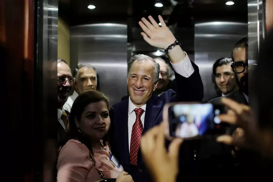 Institutional Revolutionary Party (PRI) presidential candidate Jose Antonio Meade waves after a meeting with the National Chamber of Commerce (CANACO) in Mexico City, Mexico April 19, 2018.