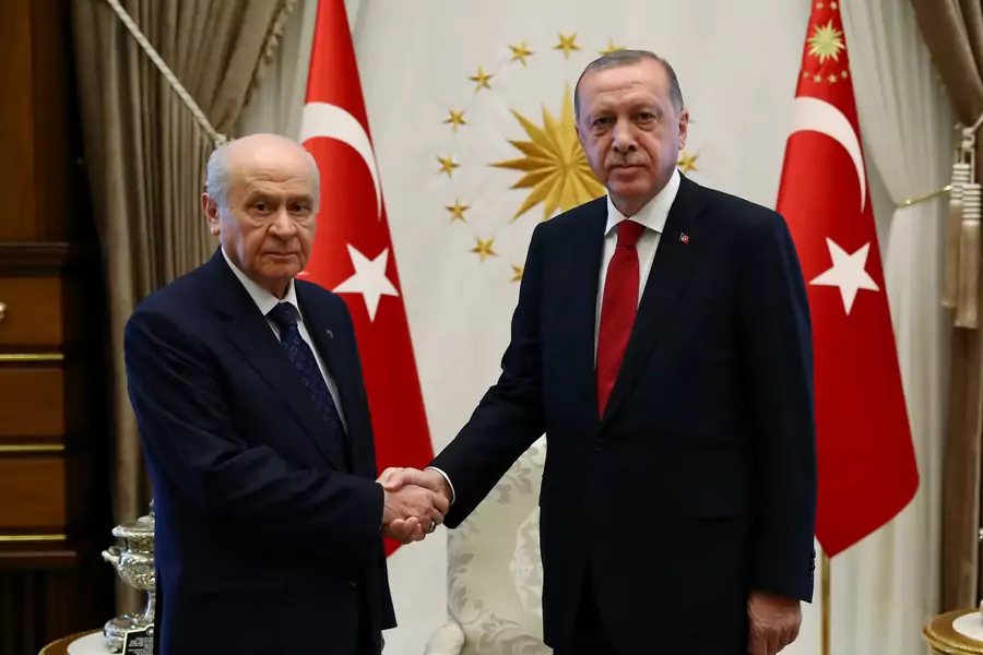 Turkish President Tayyip Erdogan meets with Nationalist Movement Party leader Devlet Bahceli in Ankara, Turkey, on June 27, 2018. 