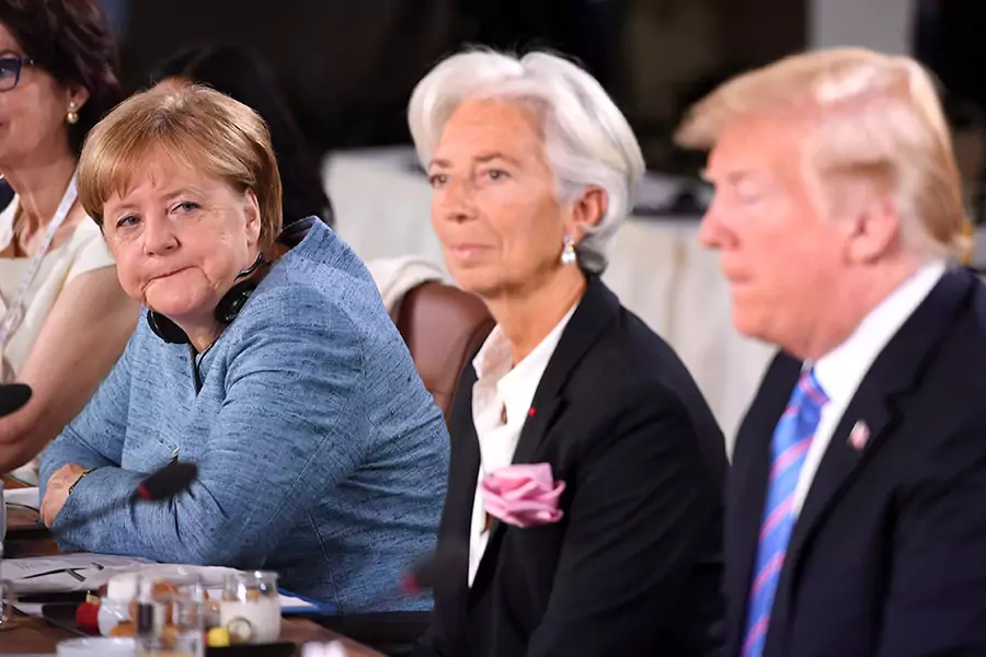 German Chancellor Angela Merkel looks towards U.S. President Donald J. Trump on the second day of the G7 summit on June 9, 2018 in Quebec City, Canada. 