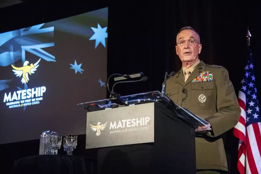 Marine Corps General Joe Dunford, chairman of the Joint Chiefs of Staff, delivers remarks during a reception celebrating 100 Years of Mateship with Australia at Fort Myer, Virginia, on June 27, 2018.