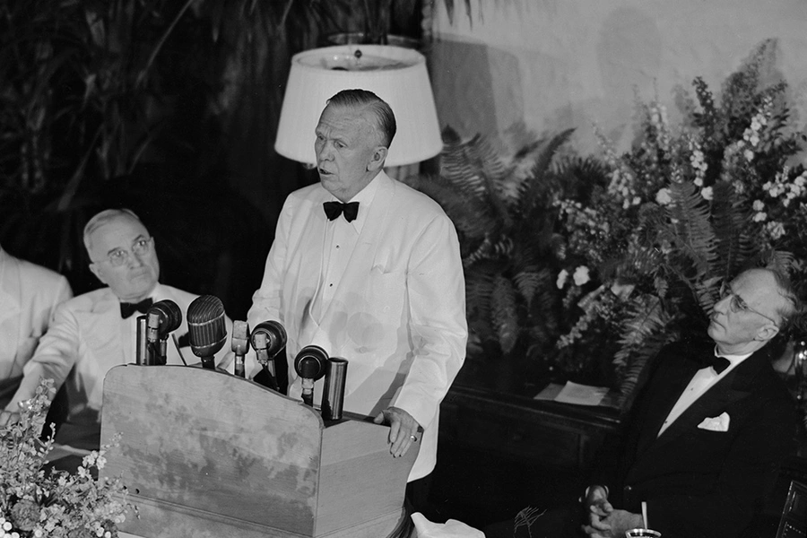 Former Secretary of State George C. Marshall, speaking on the second anniversary of his address at Harvard University, in which he outlined the 'Marshall Plan' for the economic recovery of Europe. 