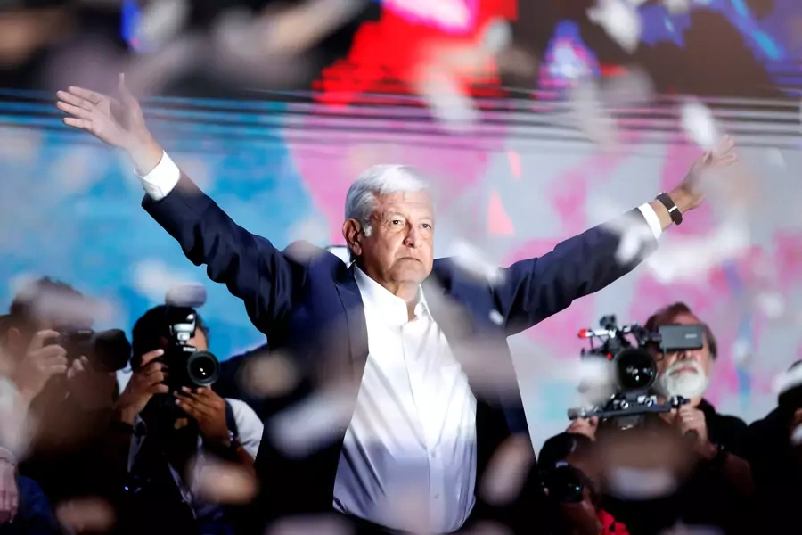 Presidential candidate Andres Manuel Lopez Obrador gestures as he addresses supporters after polls closed in the presidential election, in Mexico City, Mexico July 2, 2018. 