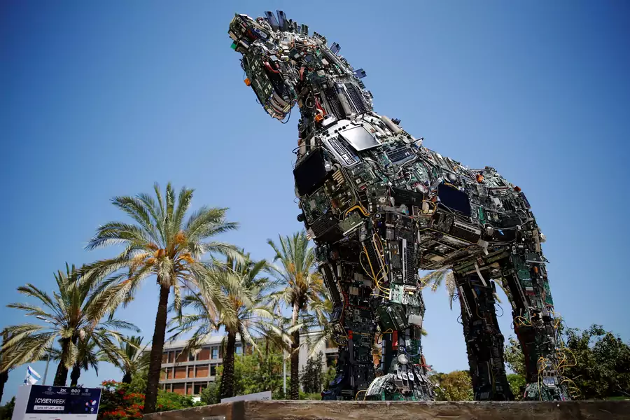 A "Cyber Horse", made from thousands of infected computer and cell phone bits, is displayed at the entrance to the annual Cyberweek conference at Tel Aviv University, Israel on June 20, 2016.