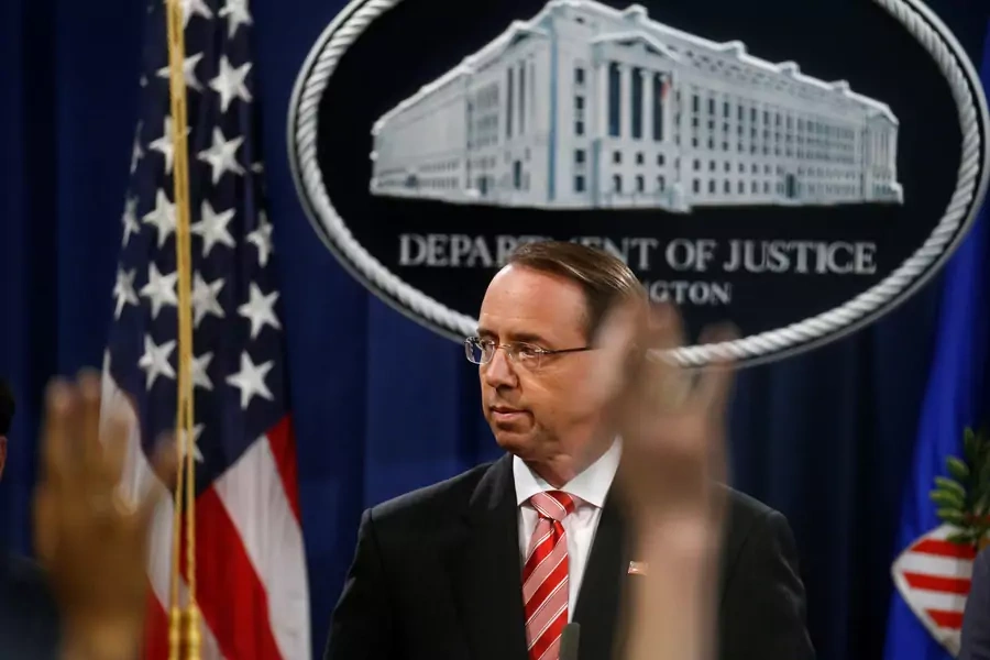 Deputy U.S. Attorney General Rod Rosenstein takes questions after announcing grand jury indictments of twelve Russian intelligence officers in special counsel Robert Mueller's Russia investigation on July 13, 2018.