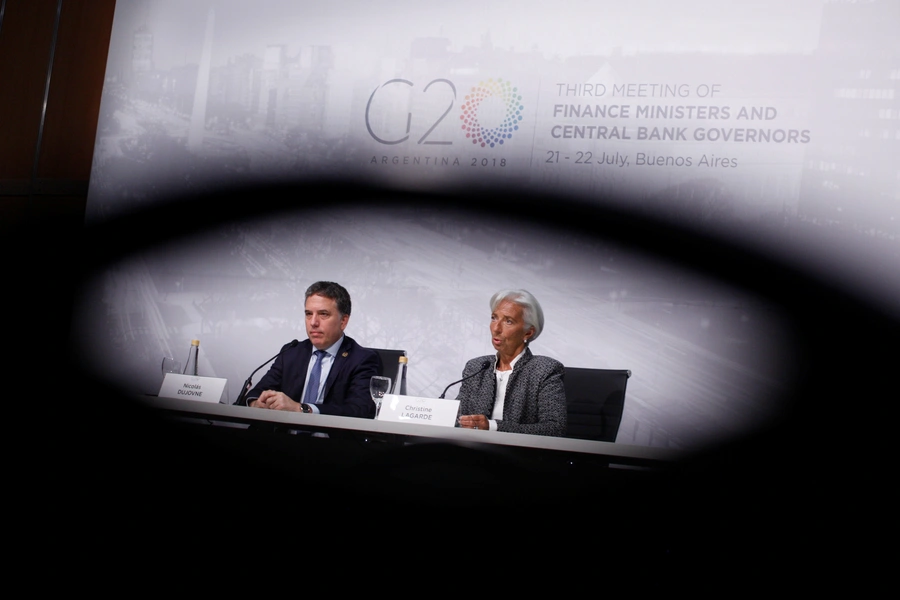 International Monetary Fund (IMF) Managing Director Christine Lagarde and Argentina's Treasury Minister Nicolas Dujovne attend a news conference in Buenos Aires, Argentina, July 21, 2018.