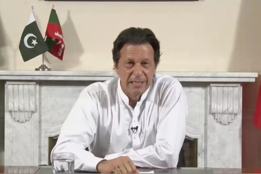 Imran Khan, chairman of Pakistan Tehreek-e-Insaaf (PTI), gives a speech as he declares victory in the general election in Islamabad, Pakistan, in this still image from a July 26, 2018 handout video. 