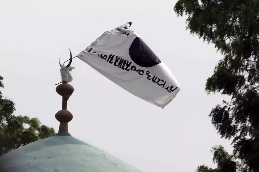 A flag belonging to Boko Haram flies from a mosque in the retaken town of Damasak, Nigeria, March 18, 2015