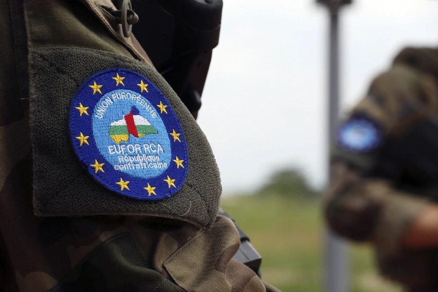 The logo of the European Union peacekeeping force in the Central African Republic is seen on a French soldier's uniform at an airport checkpoint in Bangui, Central African Republic. 