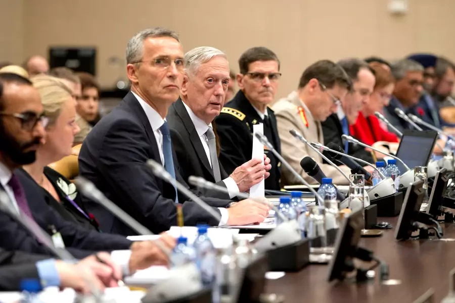 U.S. Secretary of Defense Jim Mattis and NATO Secretary General Jens Stoltenberg at a 2017 meeting of NATO defense ministers and the Coalition to Defeat the Islamic State at NATO headquarters in Brussels, Belgium.