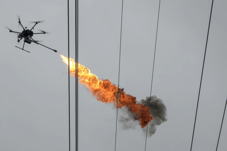 A drone operated by staff of Hainan Power Grid Corporation emits flame to burn down trash from power lines, in Haikou, Hainan province, China on November 16, 2017