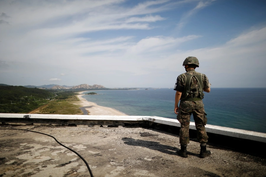 A South Korean soldier stands guard at the Unification Observatory just south of the demilitarized zone in Goseong, South Korea, on August 20, 2018.