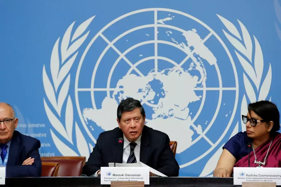 Christopher Sidoti, Marzuki Darusman and Radhika Coomaraswamy, members of the Independent International Fact-finding Mission on Myanmar attend a news conference on the publication of its final written report at the United Nations in Geneva.