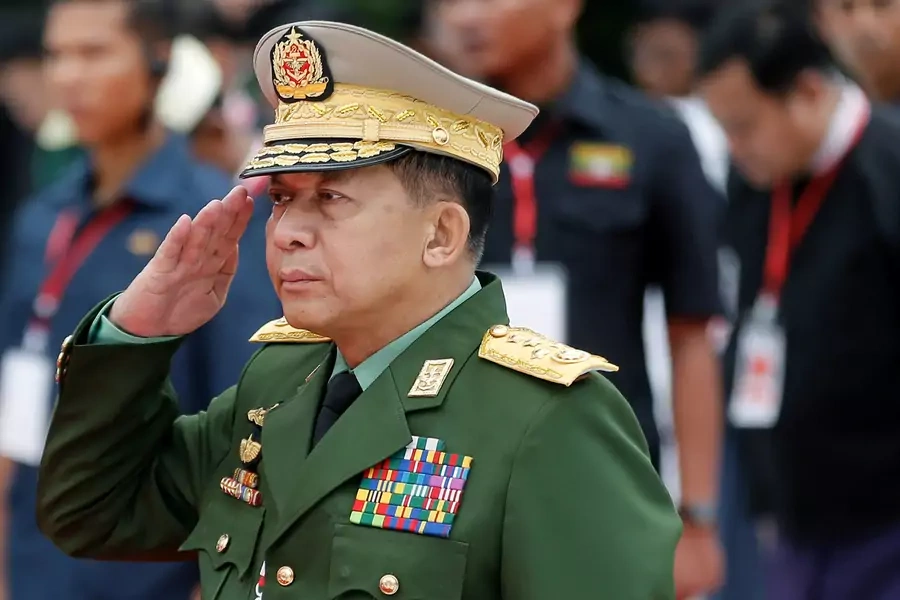 Myanmar's Commander in Chief Senior General Min Aung Hlaing salutes as he attends an event marking Martyrs' Day at Martyrs' Mausoleum in Yangon, Myanmar on July 19, 2018.