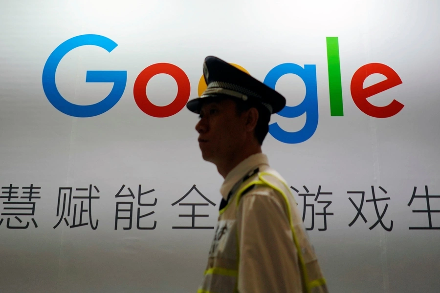 A Google sign is seen during the China Digital Entertainment Expo and Conference (ChinaJoy) in Shanghai, China on August 3, 2018.