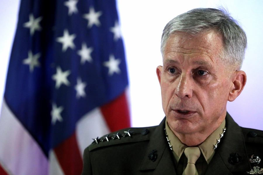 U.S. Marine Corps General Thomas Waldhauser, commander of U.S. Africa Command, holds a news conference at Camp Lemonnier in Ambouli, Djibouti on April 23, 2017.