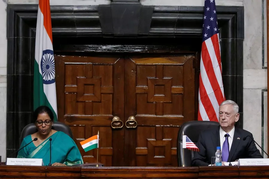 India's Defense Minister Nirmala Sitharaman speaks as U.S. Defense Secretary Jim Mattis looks on during a joint news conference in New Delhi, India, September 26, 2017.