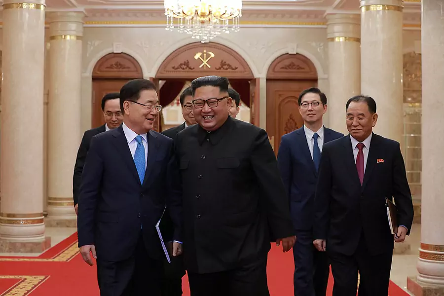 Chief of the national security office at Seoul's presidential Blue House Chung Eui-yong meets with North Korean leader Kim Jong-un in Pyongyang, North Korea September 5, 2018.