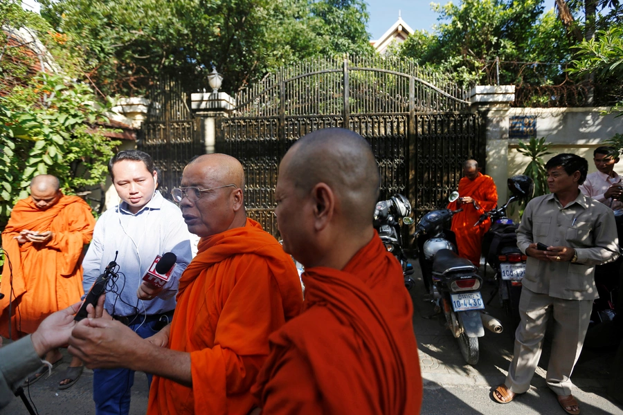 Supporters of Kem Sokha, leader of the now-dissolved Cambodia National Rescue Party (CNRP), gather in front of his home after he was released on bail, in Phnom Penh, Cambodia, on September 10, 2018.