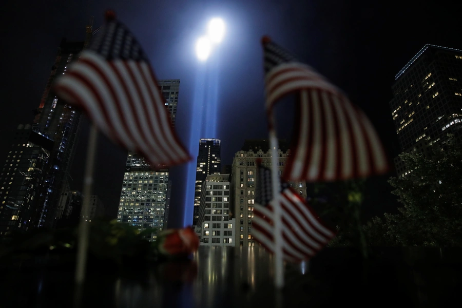 The Tribute in Light installation as seen from The National September 11 Memorial and Museum marking the seventeenth anniversary of the 9/11 attacks in New York City. 