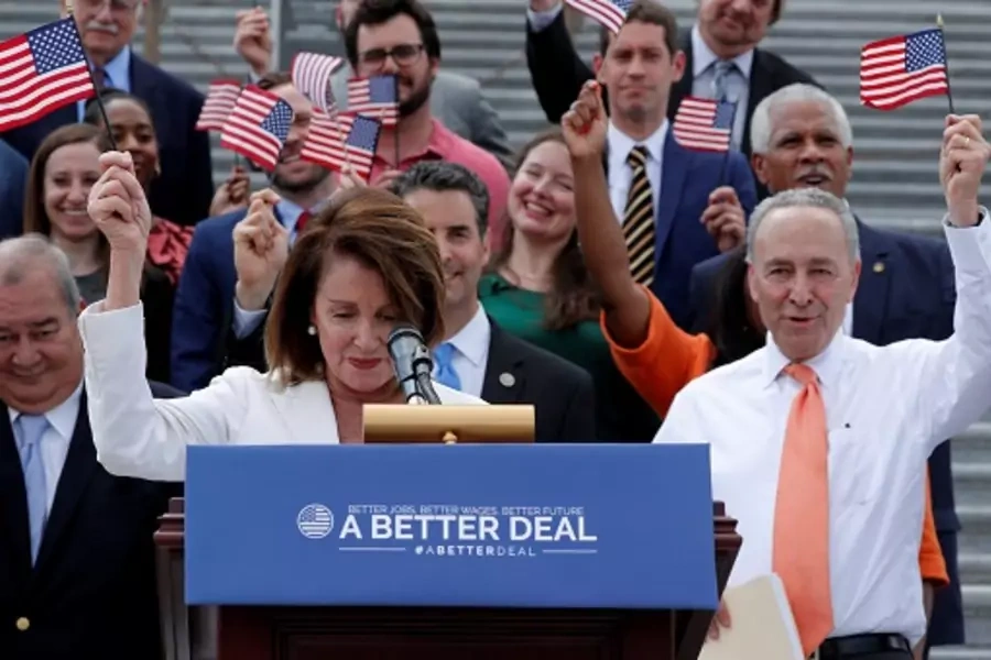 U.S. House Minority Leader Nancy Pelosi leads Democratic members of Congress during their "Better Deal" platform rally at the U.S. Capitol. 