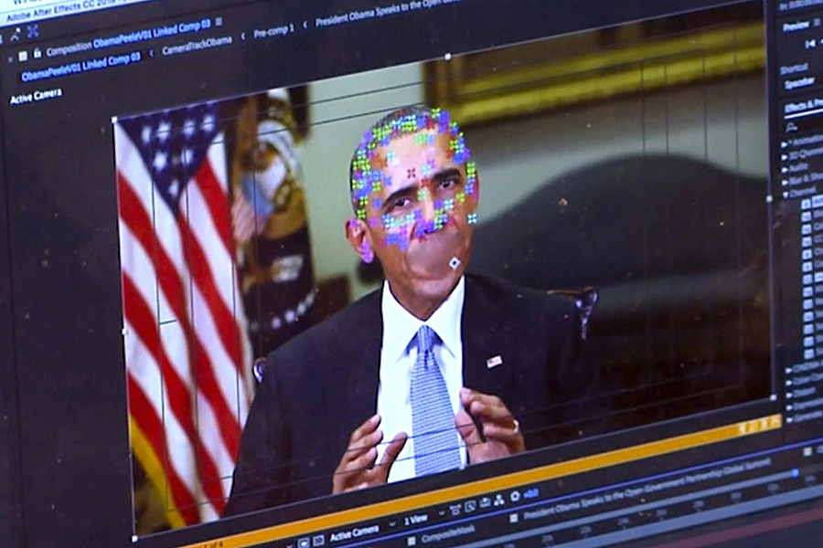 This image made from video of a fake video featuring former President Barack Obama shows elements of facial mapping used in new technology that lets anyone make videos of real people appearing to say things they've never said.