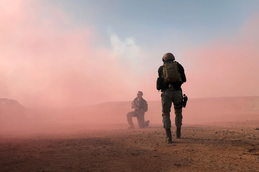 A Nigerien security agent participates in a simulated raid on a militant camp during the U.S. sponsored Flintlock exercises in Ouallam, Niger, April 18, 2018.