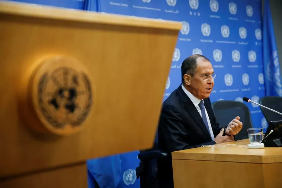 Russian Foreign Minister Sergei Lavrov speaks with media during a press conference on the sidelines of the 73rd session of the United Nations General Assembly at U.N. headquarters on September 28, 2018.