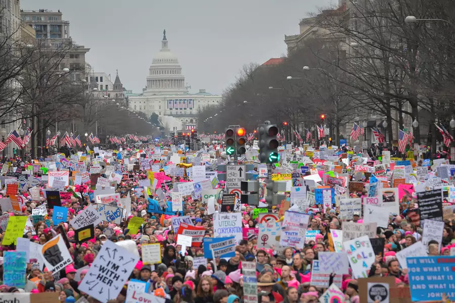 Protesters march on Pennsylvania Avenue during the Women's March in Washington, DC, United States. January 21, 2017.