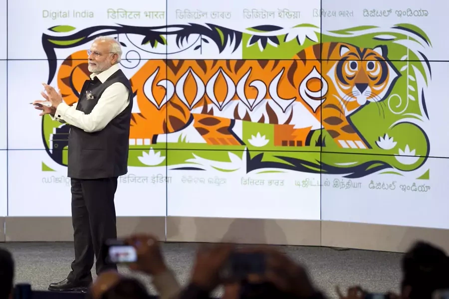 India's Prime Minister Narendra Modi waits to speak at the Google campus in Mountain View, California on September 27, 2015.