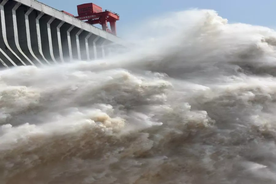 Water is discharged from the Three Gorges dam on the Yangtze River following heavy rain and floods across China on July 15, 2018.  