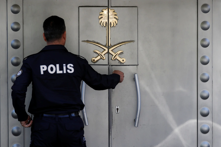 A Turkish police officer who stands guard at the Saudi Arabia's consulate is seen at the entrance, in Istanbul, Turkey October 10, 2018