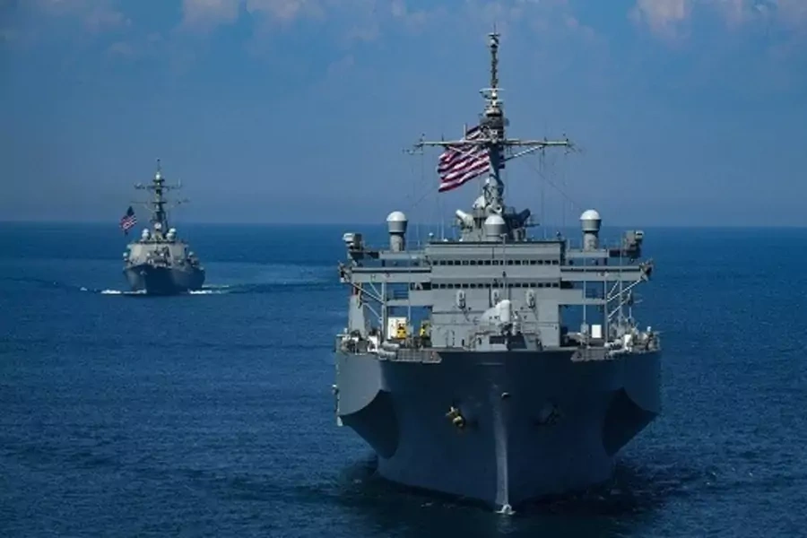 The USS Porter and USS Mount Whitney sail in formation during a U.S.-Ukraine multinational maritime exercise in the Black Sea.