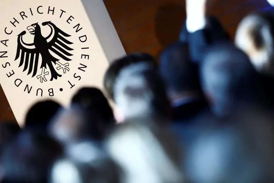 The logo of the German Federal Intelligence Agency (BND) is pictured at the 60th anniversary of the founding of the BND in Berlin on November 28, 2016.