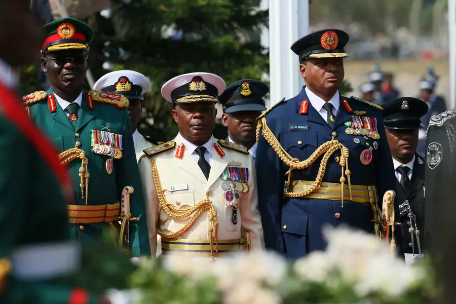 Chiefs of army staff, navy and air forces seen at the wreath laying ceremony during the 2018 Armed Forces Remembrance Day celebration in Abuja, Nigeria, on January 15, 2018.
