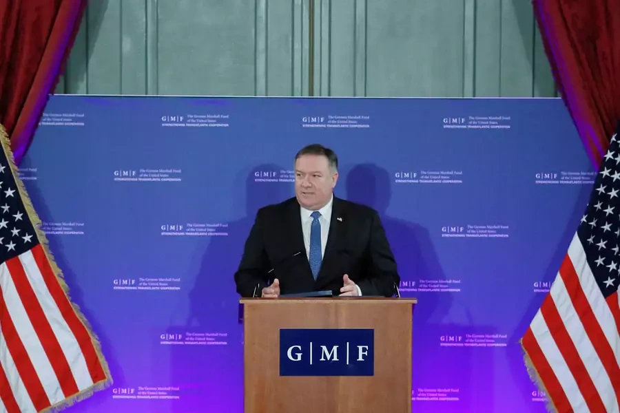 U.S. Secretary of State Mike Pompeo speaks at a conference of the German Marshall Fund of the United States on "Reforming the Rules-Based International Order" in Brussels, Belgium, December 4, 2018. 