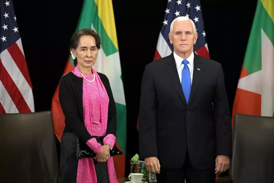 Myanmar's State Counsellor Aung San Suu Kyi and U.S. Vice President Mike Pence hold a bilateral meeting in Singapore, November 14, 2018. 