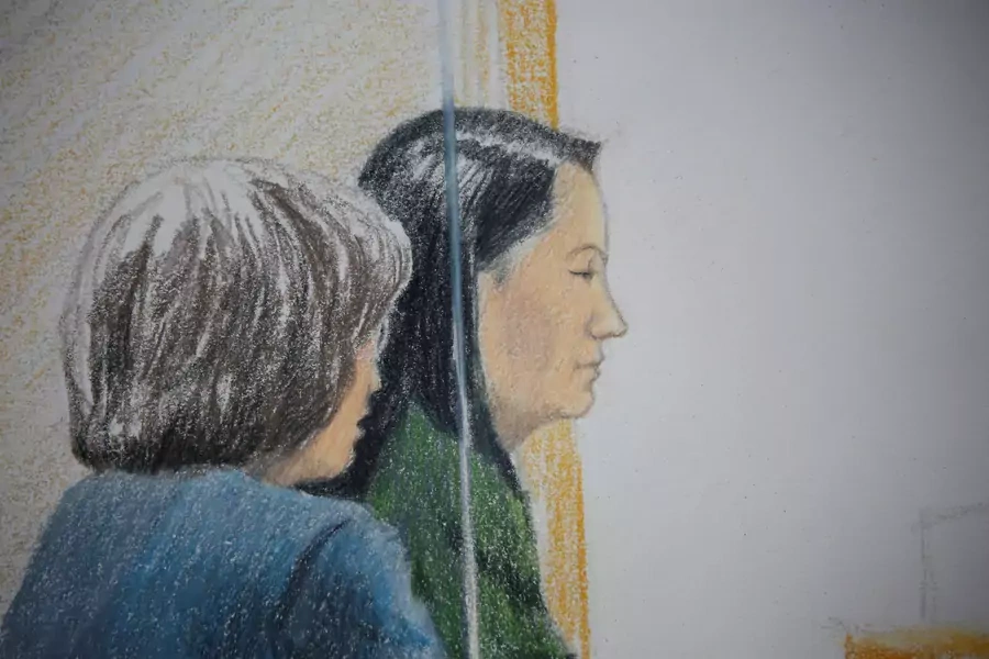 Huawei CFO Meng Wanzhou, who was arrested on an extradition warrant, appears at her B.C. Supreme Court bail hearing along with a translator, in a drawing in Vancouver, Canada on December 7, 2018. 