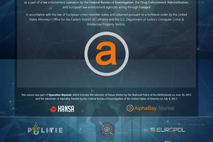 U.S. Justice Department image shows a web screen after it had shut down the dark web marketplace AlphaBay.