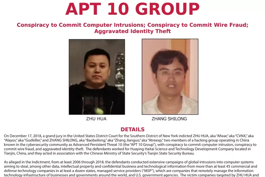 2018Photographs of Zhu Hua and Zhang Shilong, members of a hacking group in China, appear on this U.S. Federal Bureau of Investigation (FBI) poster provided by the FBI, December 21, 2018.