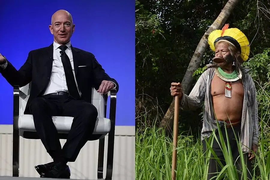 Amazon founder Jeff Bezos (left) and Amazonian chief Raoni Metuktire of the Kayapo tribe (right).