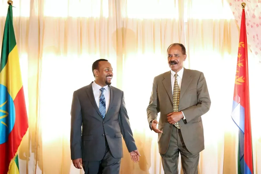 President Isaias Afwerki of Eritrea and Prime Minister Abiy Ahmed of Ethiopia during the inauguration ceremony marking the reopening of the Eritrean embassy in Addis Ababa, Ethiopia, on July 16, 2018. 
