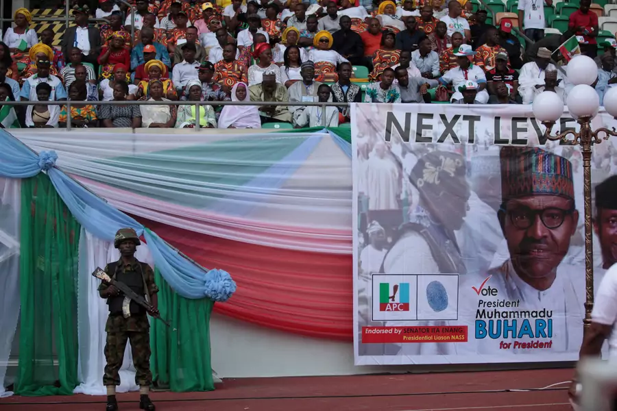 A soldier stands guard during a launch campaign by the ruling All Progressives Congress (APC) party for President Muhammadu Buhari's reelection bid, in Uyo, Nigeria, on December 28, 2018.