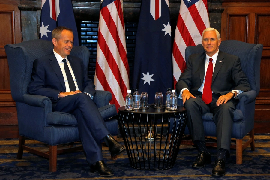 U.S. Vice President Mike Pence (R) meets with Australian opposition Labour Party leader Bill Shorten in Sydney, Australia, on April 22, 2017.