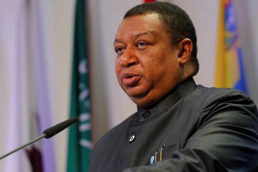 OPEC Secretary-General Mohammad Barkindo addresses a news conference.