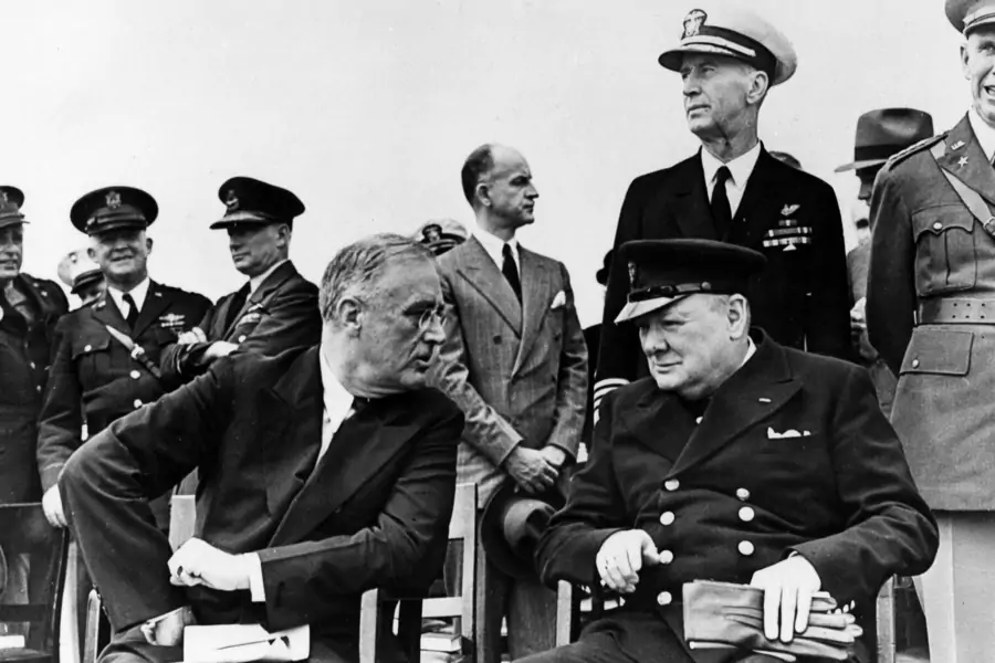 Franklin D. Roosevelt and Winston Churchill meet off the coast of Newfoundland, Canada, in 1941. 