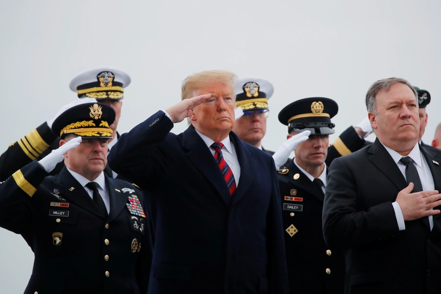 Chief of Staff of the U.S. Army Mark Milley, President Donald Trump, Sgt. Maj. of the Army Daniel Dailey and Secretary of State Mike Pompeo salute as a military honor guard carries the casket of Scott Wirtz