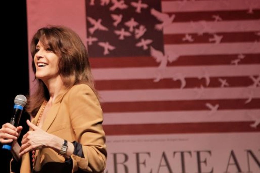 Marianne Williamson speaks at a rally in Santa Monica, California. 